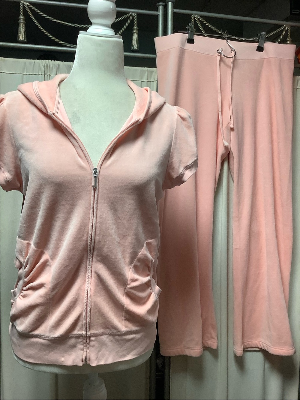 Juicy Couture Peach Pink Velour Zip Hoodie Pants 34 x 29 Tracksuit Set